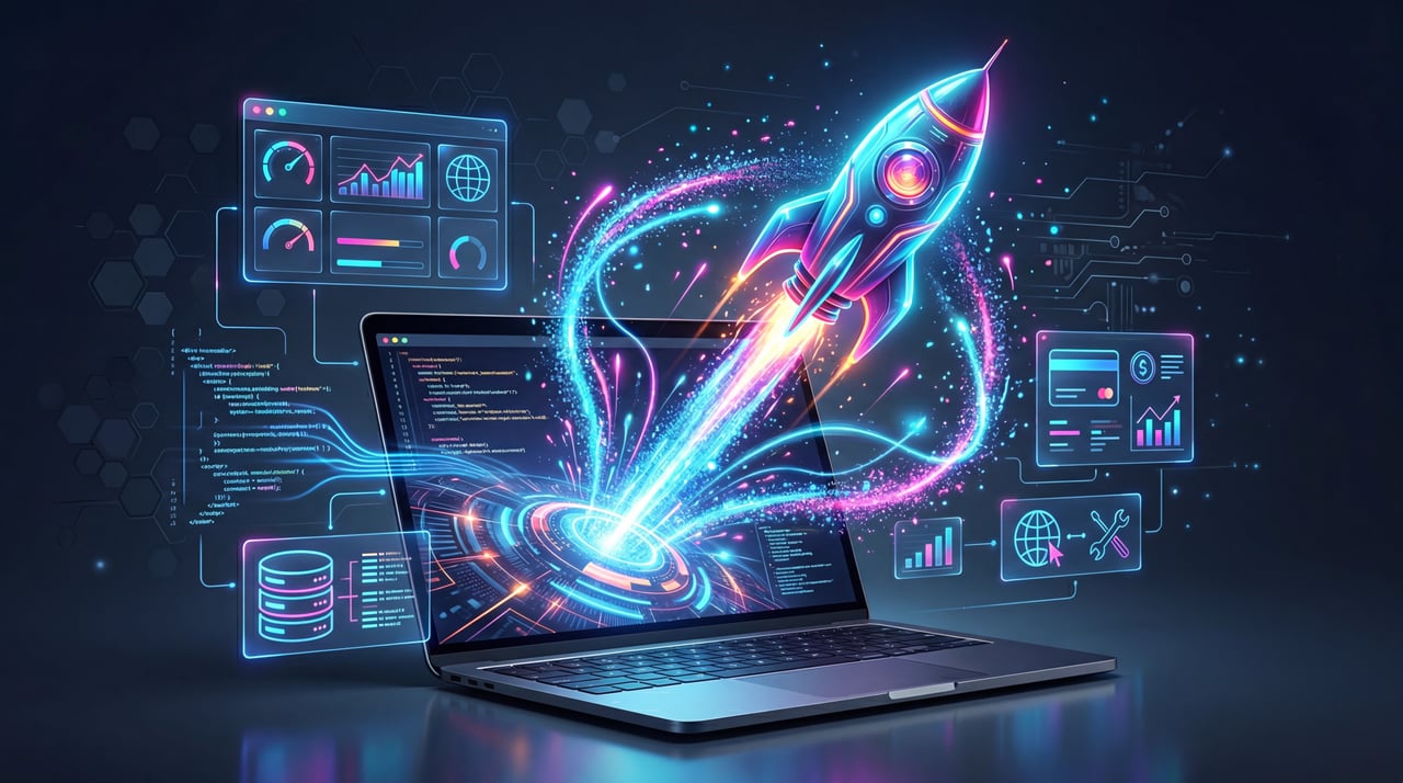 Rocket launching from a developer laptop, surrounded by neon code, dashboards, and database panels
